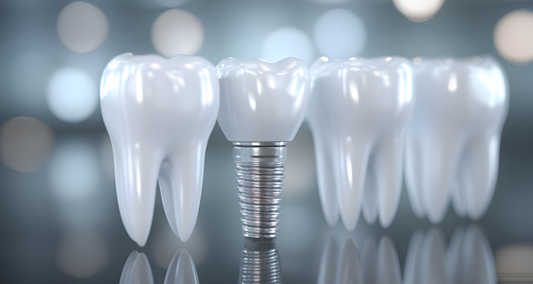 Modell eines Zahnimplantats zwischen richtigen Zähnen