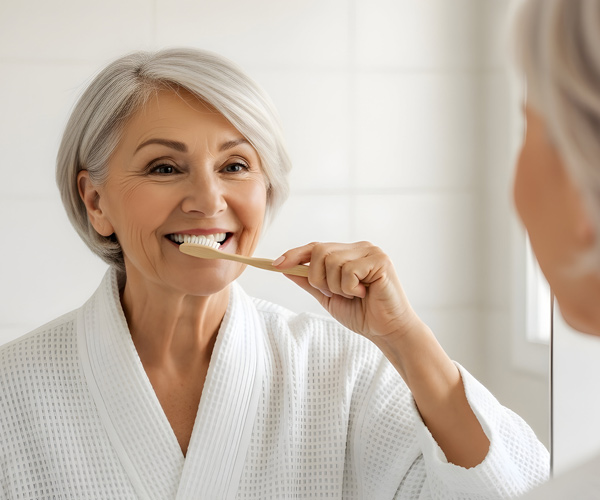 Eine ältere Frau steht vor dem Badezimmerspiegel und putzt vorsichtig ihre Zähne